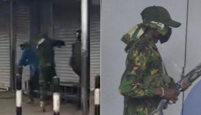 File image of a mask vendor being shot by police (left) and the police officer wearing a mask.